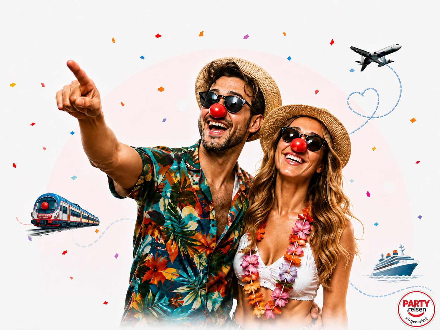 Zwei Partyreisende mit Pappnasen sowie Zug und Flugzeug – KI-generiertes Motiv